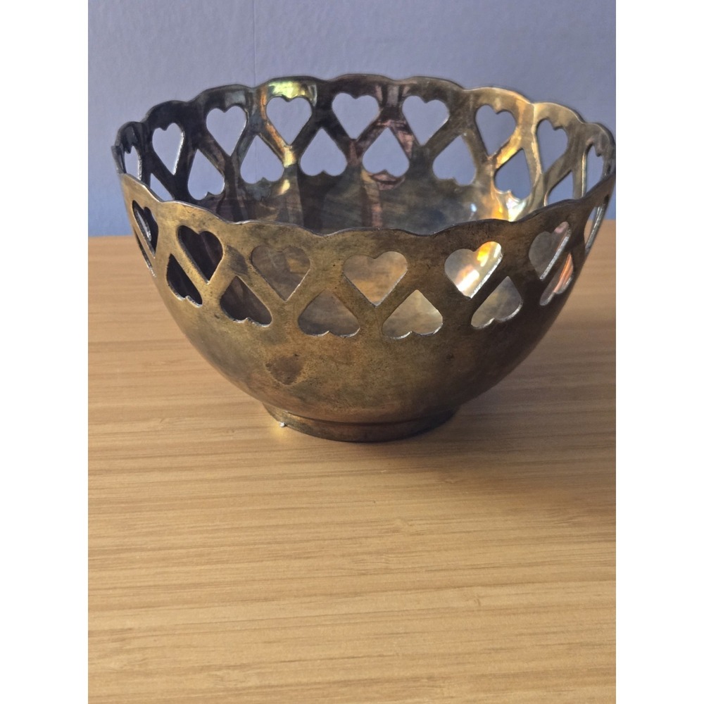 Vintage Brass Bowl with Heart Cutouts 3" Tall Solid Brass Bowl